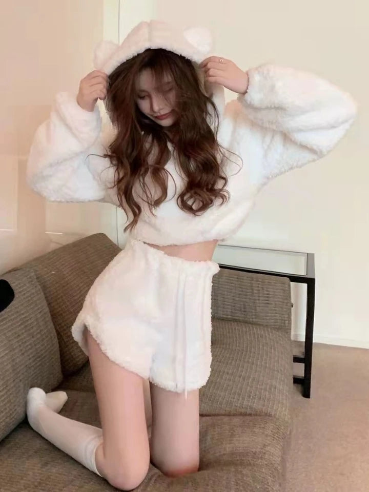 White Bear Ears Hoodie & Short Set-Luxandluxy