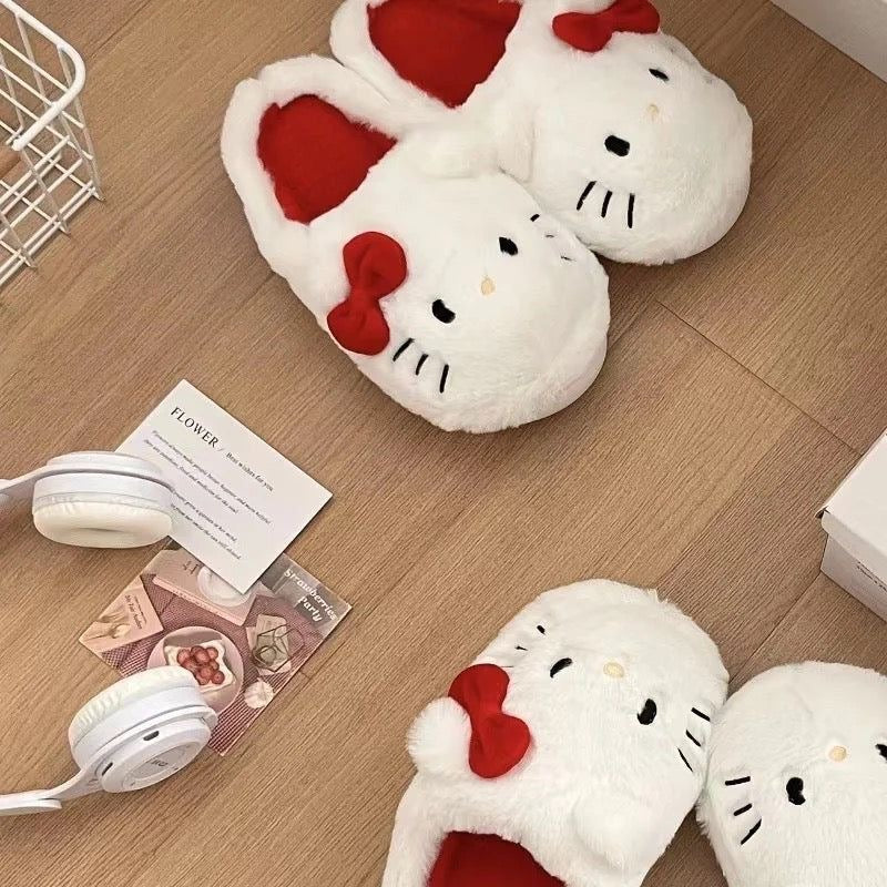 White Hello Kitty Plush Slippers-Luxandluxy