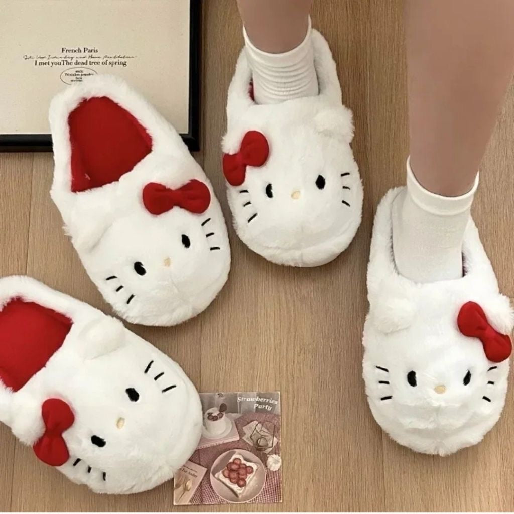 White Hello Kitty Plush Slippers-Luxandluxy