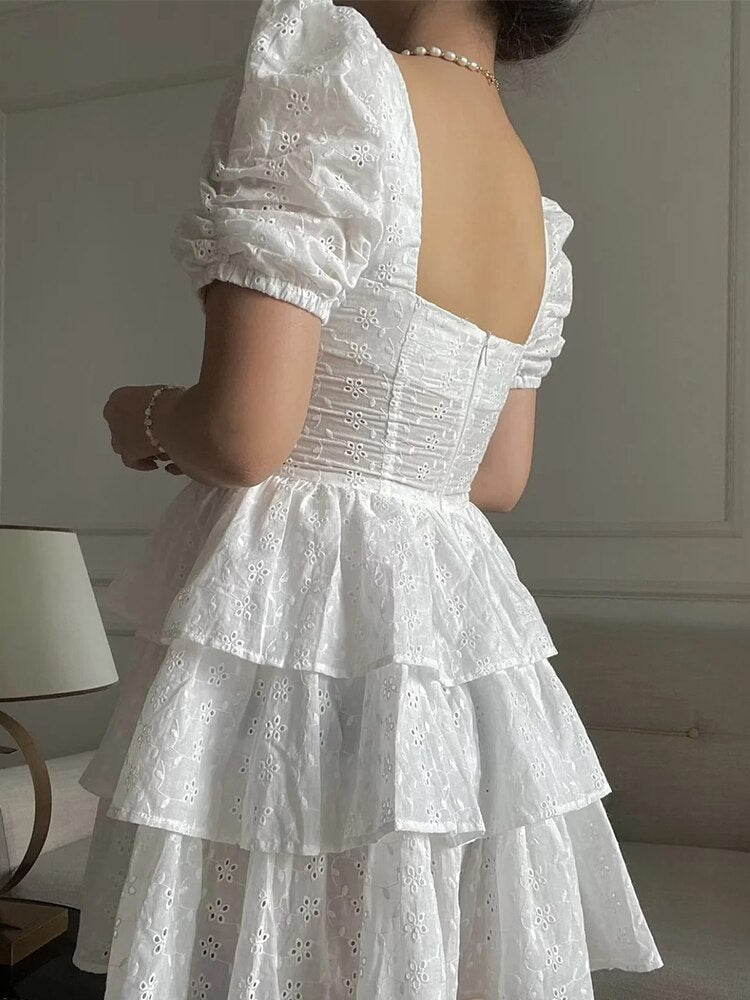 White Lace Bowknot Puff Sleeve Tiered Dress-Luxandluxy