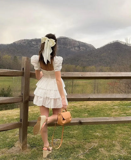 White Lace Bowknot Puff Sleeve Tiered Dress-Luxandluxy