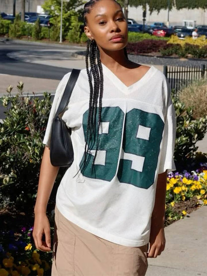 White Oversized '99' Football Jersey T-Shirt-Luxandluxy