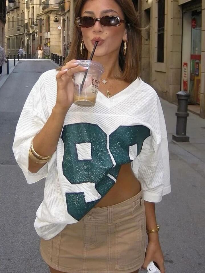 White Oversized '99' Football Jersey T-Shirt-Luxandluxy