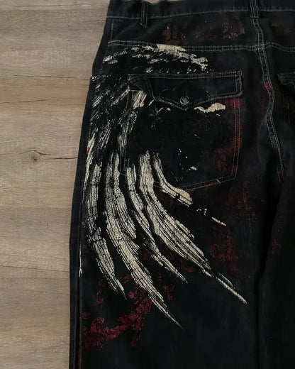 Wings Motif Baggy Jeans Shorts