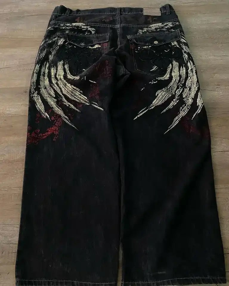 Wings Motif Baggy Jeans Shorts